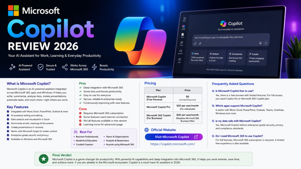 Microsoft Copilot Review 2026: Features, Pricing, Pros & Cons Microsoft Copilot Review 2026 – AI Productivity Assistant