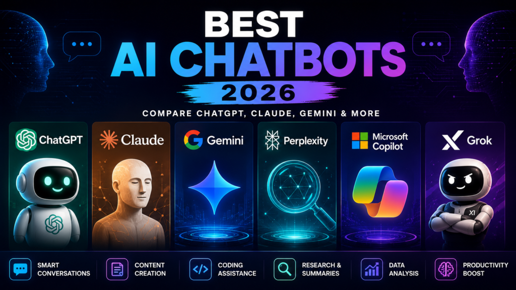 Best AI Chatbots 2026 comparison featuring ChatGPT, Claude, Gemini, Perplexity, Microsoft Copilot, and Grok.