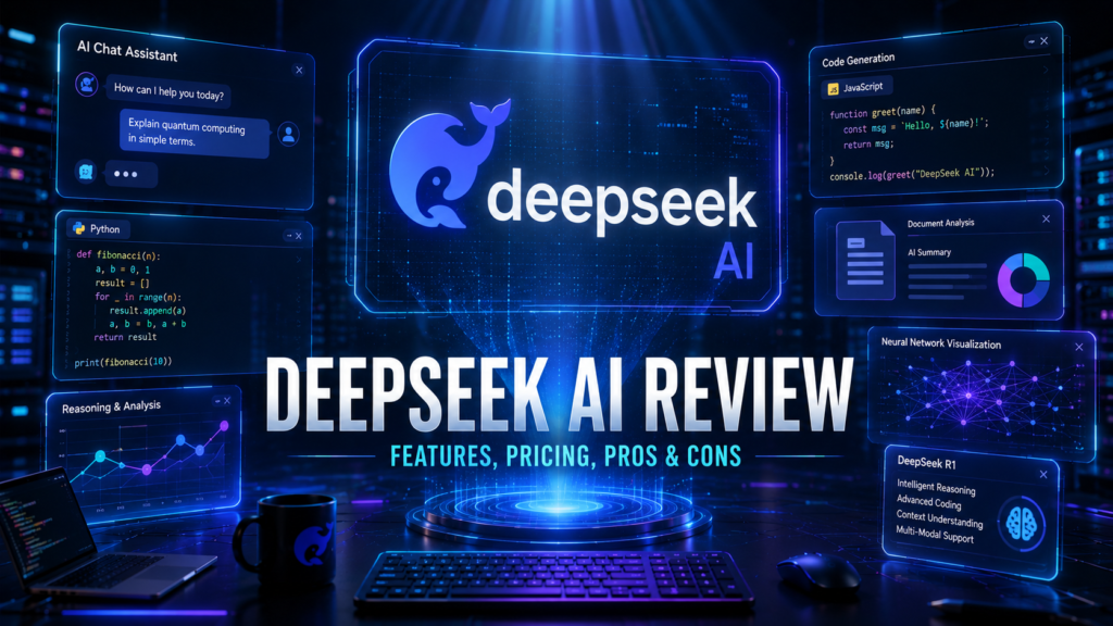 DeepSeek AI Review highlighting AI chatbot, coding assistant, reasoning capabilities, pricing, features, and overall rating.
